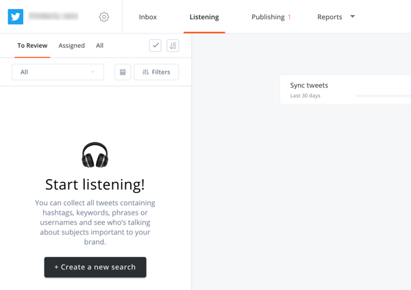 Cum să utilizați Agorapulse pentru ascultarea pe rețelele sociale, Pasul 2 creați o nouă căutare în fila Ascultare.