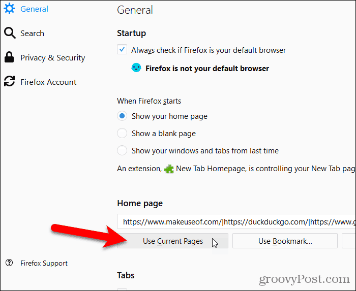Faceți clic pe Utilizați pagina curentă în Firefox