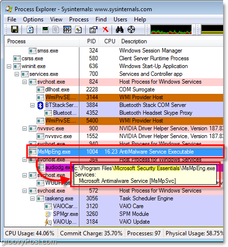 msmpeng.exe în Windows 7 process explorer