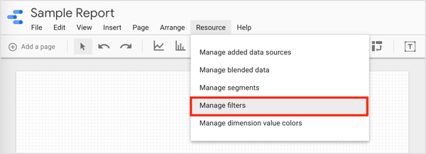 Pentru a filtra date și a crea grupuri pe care le puteți utiliza, faceți clic pe Resurse din bara de meniu și selectați Gestionare filtre din meniul derulant.