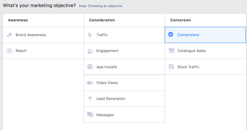 opțiune în managerul de anunțuri Facebook pentru a selecta conversiile ca obiectiv de marketing