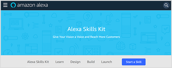 Pagina web Amazon Alexa Skills Kit introduce instrumentul și include file în care puteți învăța, proiecta, construi și lansa o abilitate pentru Alexa. 