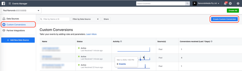 Creați butonul de conversie personalizată în Managerul de evenimente Facebook