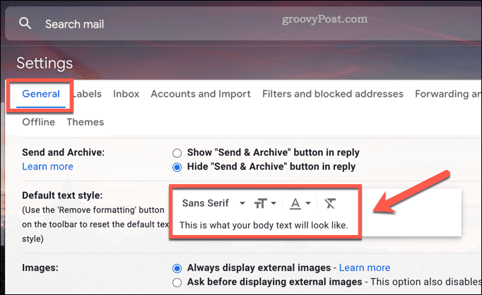 Modificarea setărilor implicite pentru stilul fontului în Gmail
