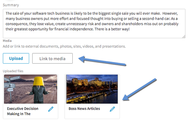 Faceți clic pe Link to Media pentru a adăuga videoclipuri la secțiunile Summary, Experience și Education din profilul dvs. LinkedIn.