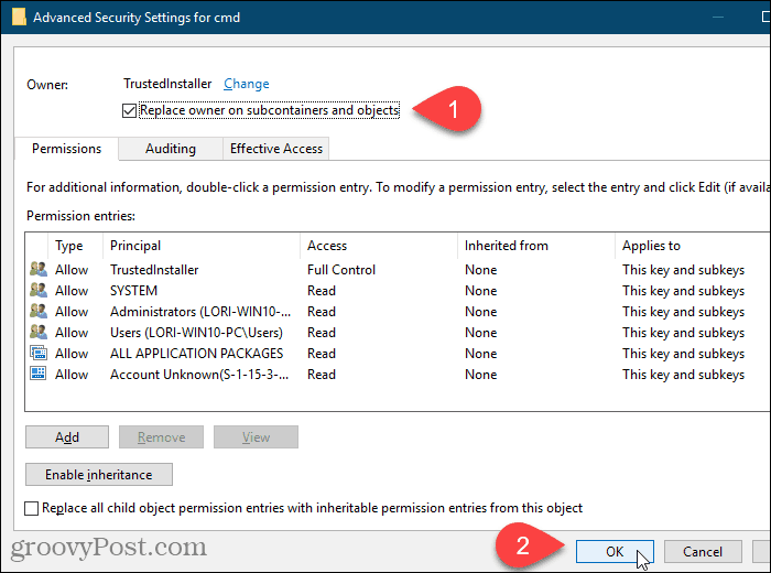 Bifează caseta Înlocuiește proprietarul pe subcontainere și obiecte în caseta de dialog Setări avansate de securitate din Editorul Registrului Windows