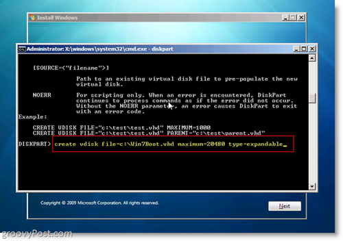 Windows 7 Native VHD Instalare Dual Boot Creați VHD din Prompt CMD