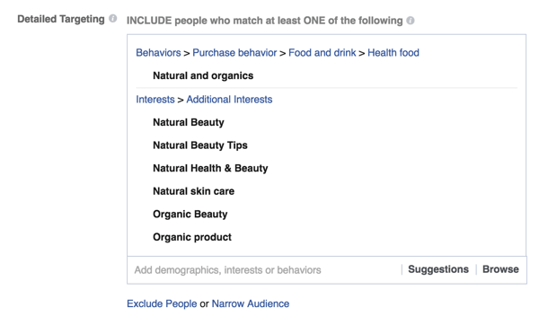 Exemplu de opțiuni de direcționare detaliate pentru anunțul facebook