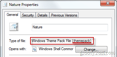 Proprietățile fișierului pachet tematic Windows