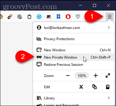 Selectați Fereastră privată nouă în Firefox pentru Windows