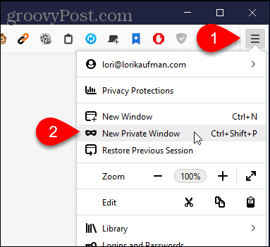 Selectați fereastră privată nouă în Firefox pentru Windows