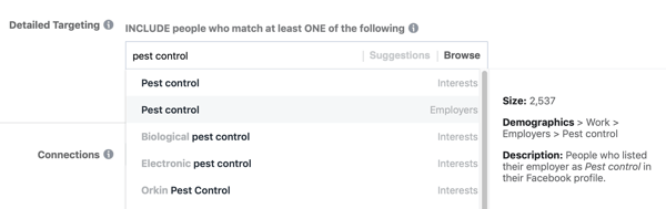 Exemplu de direcționare standard pe Facebook pentru controlul Pest Controlului, rezultând un public prea mic, la 2.500.