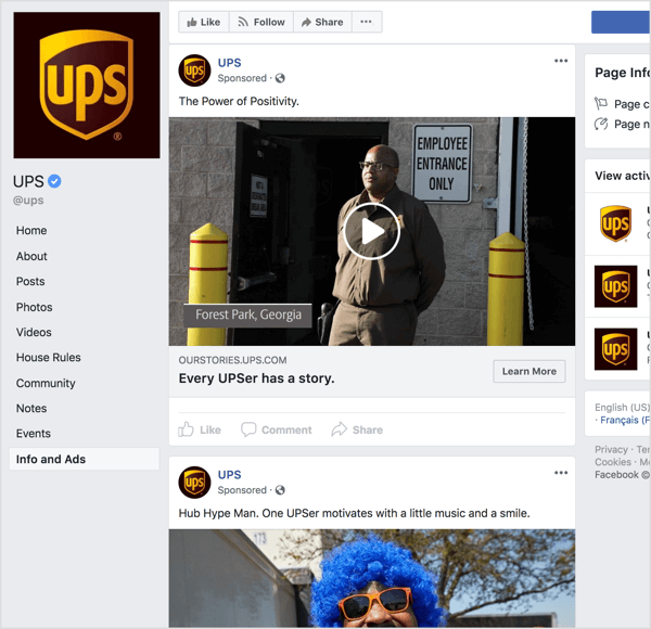 Dacă vă uitați la anunțurile de pe Facebook de la UPS, este clar că folosesc povestirea și atracția emoțională pentru a crește gradul de conștientizare a mărcii.
