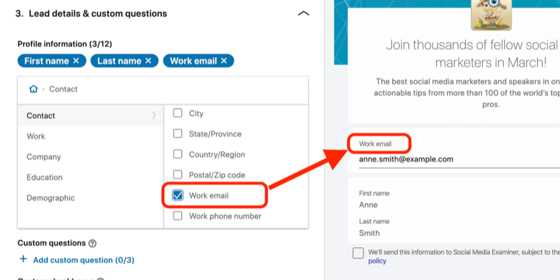 captură de ecran a câmpului E-mail de lucru selectat pentru formularul de generare de clienți potențiali în configurarea anunțurilor LinkedIn