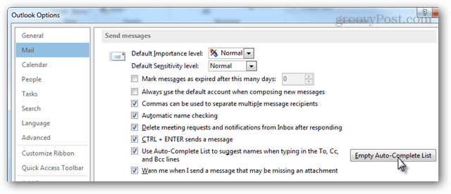 e-mail> trimite mesaje> listă de completare automată