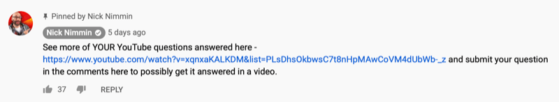 a fixat comentariul videoclipului YouTube de către Nick Nimmin, împărtășind un alt videoclip YouTube pe care ar putea să-l intereseze publicul său
