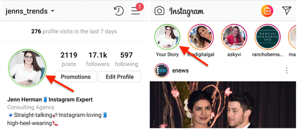 Indicator cerc verde pentru fotografia de profil Instagram când ați distribuit o poveste listei dvs. de prieteni apropiați.