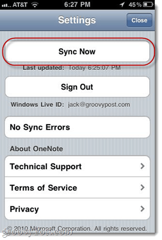 Sincronizați manual iPhone OneNote