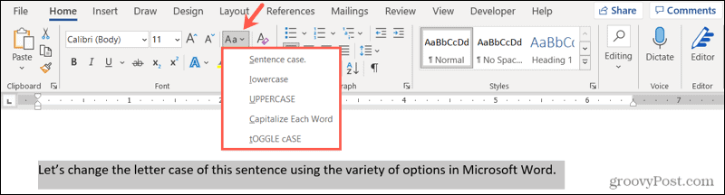 Schimbați litere mari și mici în Word pe Windows