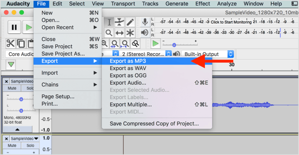 Alegeți Fișier> Export> Exportați ca MP3 pentru a descărca fișierul audio din Audacity.