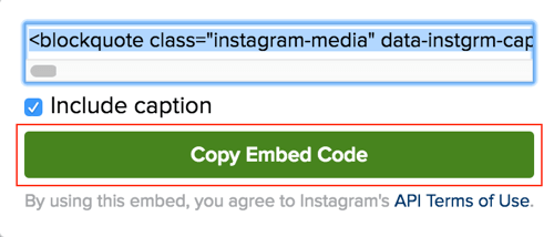Faceți clic pe butonul verde pentru a copia codul de încorporare a postării Instagram.