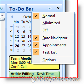 Bara de activități Outlook 2007 - Faceți clic dreapta pentru a alege opțiuni