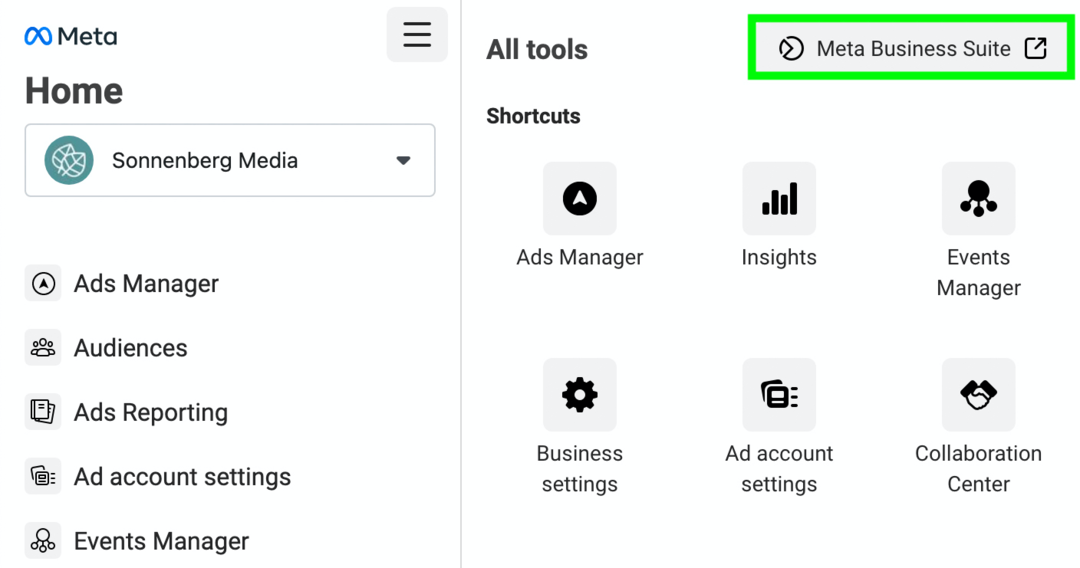 imaginea linkului către Meta Business Suite din meniul Toate instrumentele