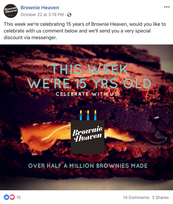 Exemplu de postare pe Facebook cu o ofertă de la Brownie Heaven.