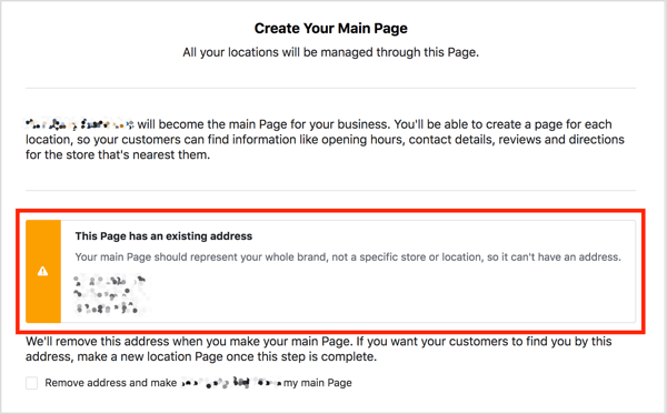 Dacă pagina dvs. principală de Facebook are o adresă, veți vedea un mesaj de avertizare dacă încercați să adăugați locații.