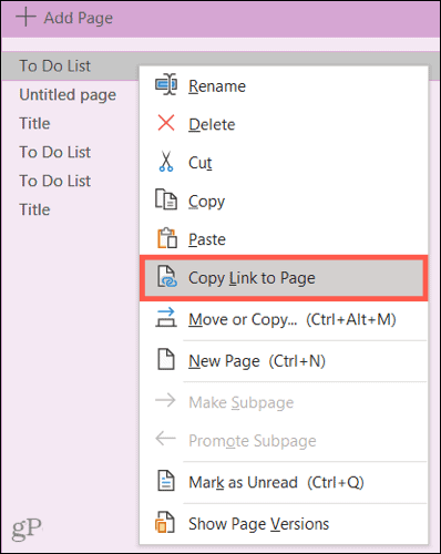 Copiați un link către pagina din desktopul OneNote