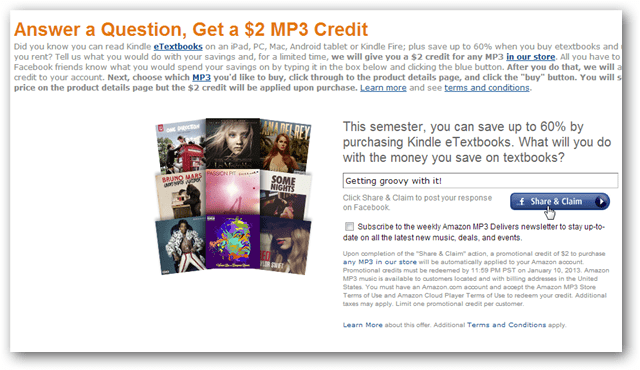 Obțineți un credit MP3 Amazon 2 USD pentru o postare pe Facebook