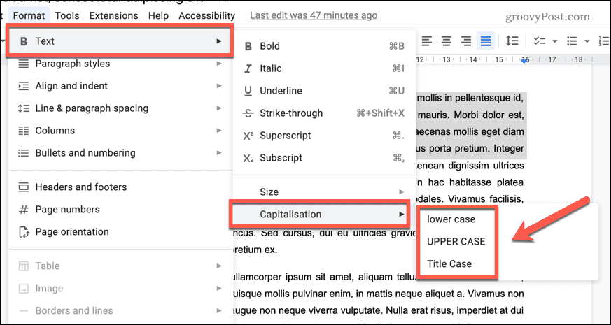 Schimbați scrierea cu majuscule în Google Docs