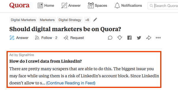 Exemplu de marketing pe Quora cu un anunț plătit.