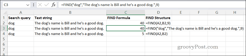 Exemplu de formulă FIND în Excel