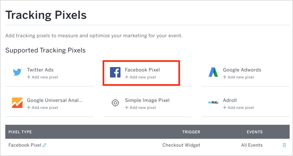 În Eventbrite, faceți clic pe Facebook Pixel și introduceți ID-ul pixelului și alte detalii.