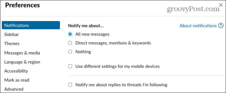 Notificări de preferințe în Slack Desktop