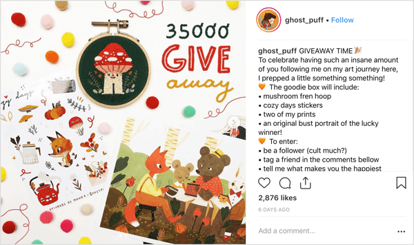 Artistul ghost_puff folosește un stil de postare prietenos, relatabil, care invită chat-ul comunității pe Instagram.