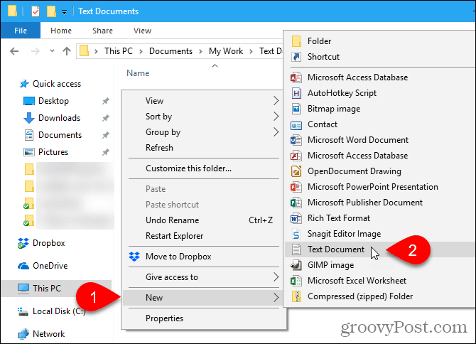 Accesați Nou> Document document în Exploratorul de fișiere Windows