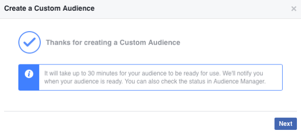 După ce v-ați creat noul public personalizat de pe Facebook, poate dura până la 30 de minute pentru a fi completat.