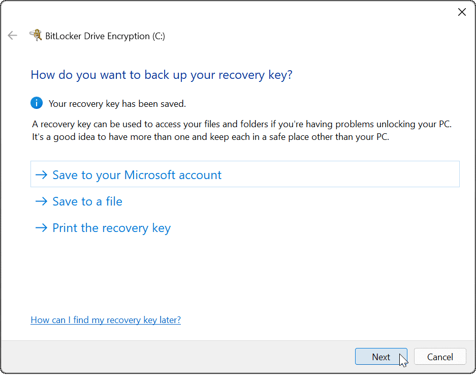 Salvați cheia de recuperare BitLocker