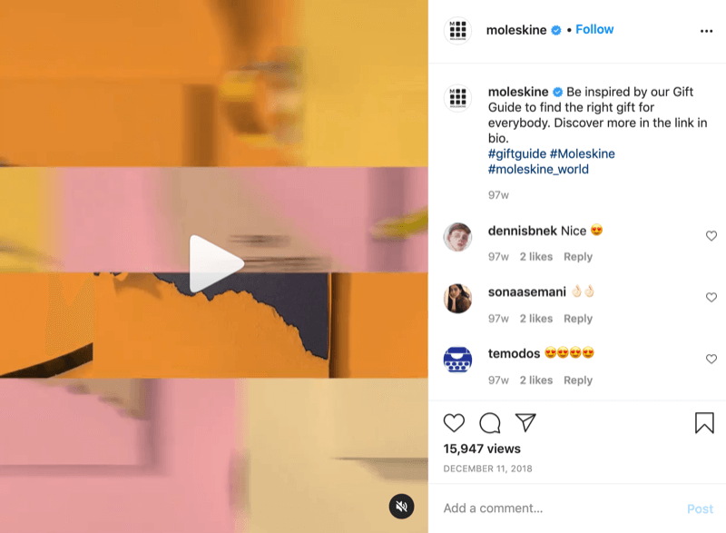 exemplu de postare video cu idei de cadou pe Instagram de la @moleskine cu un îndemn la direcționarea spectatorilor către linkul din biografie pentru mai multe