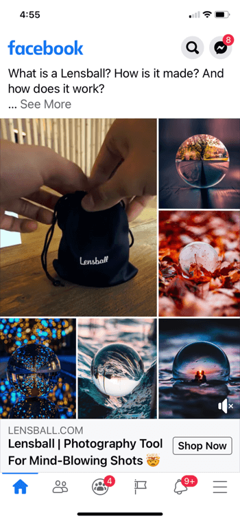 exemplu, colaj publicitar facebook pentru lensball, care arată produsul într-o pungă mică cu șnur negru, împreună cu 5 exemple de fotografii ale produsului utilizat în imagini