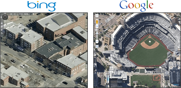 Hărți Google Overhead Vs. 45 grade Vs. Bing Birds Eye