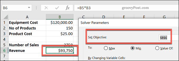 Setarea celulei Obiectiv din Solver pentru Excel