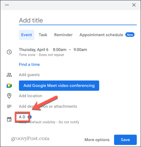 Captură de ecran pentru opțiunea calendarului evenimentelor din Google Calendar