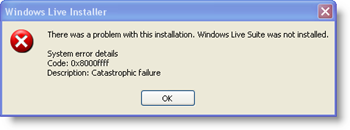 Sistem de instalare Windows Live Cod de eroare: 0x8000ffff - Eroare catastrofală
