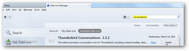 conversații thunderbird - instalați suplimentul prin pagina de căutare