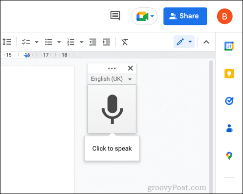 Caseta de meniu de tastare vocală în Google Docs