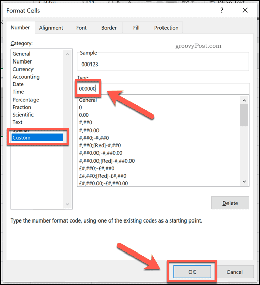 Adăugarea formatării personalizate la celulele Excel pentru a adăuga zerouri din partea de sus