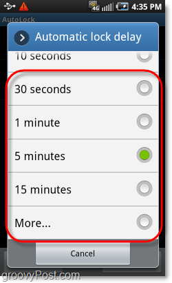 selectați ora de blocare a modelului Android
